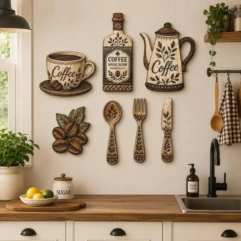 ☕ 7-delige houten wanddecoratieset met koffiethema voor in de keuken – Vintage wanddecoratie in boerderijstijl met koffiethem