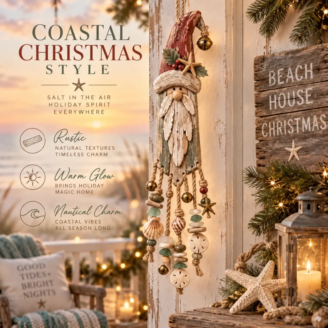 Vintage kustthema: verlichte kerstwandversiering met Kerstman – Kerstversiering voor het strandhuis met zeesterren, schelpen en een warme gloed