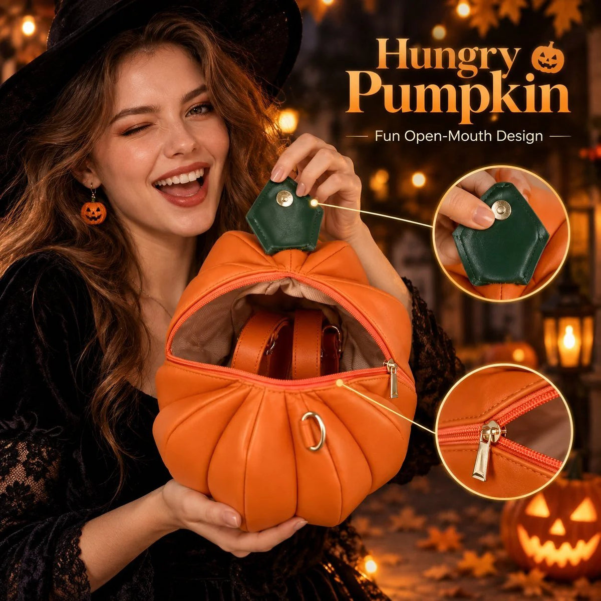 🎃✨Halloween-schoudertas ‘Hungry Pumpkin’: speelse pompoentas met open mond voor Halloweenfeestjes, trick-or-treat en herfstoutfits (✨Dezelfde als in de video)