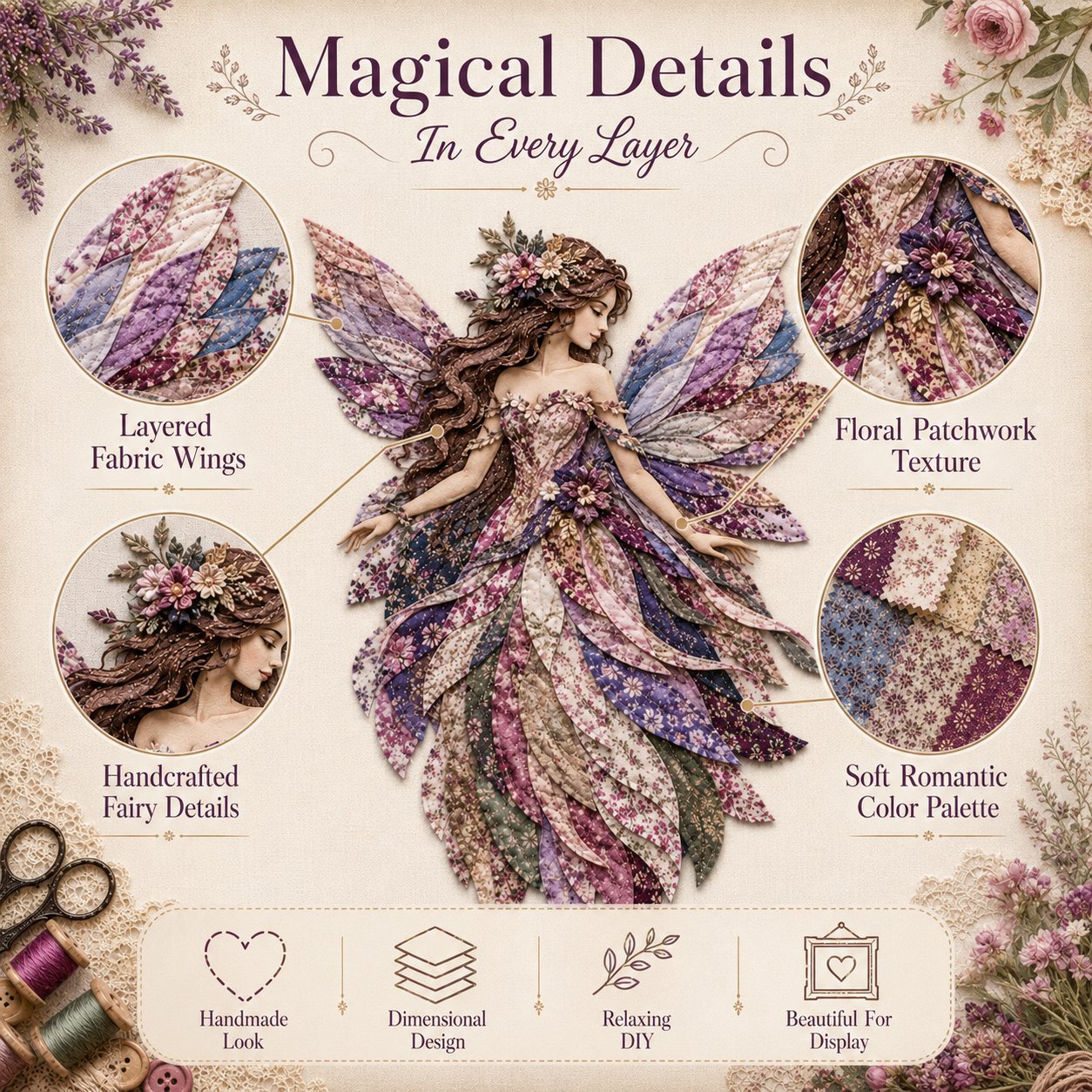 🧚‍♀️🌸 Premium DIY-pakket ‘Fairy Patchwork’ | Hoogwaardige gelaagde stof met bloemenvleugels – DIY handgemaakte fantasiewanddecoratie ✨