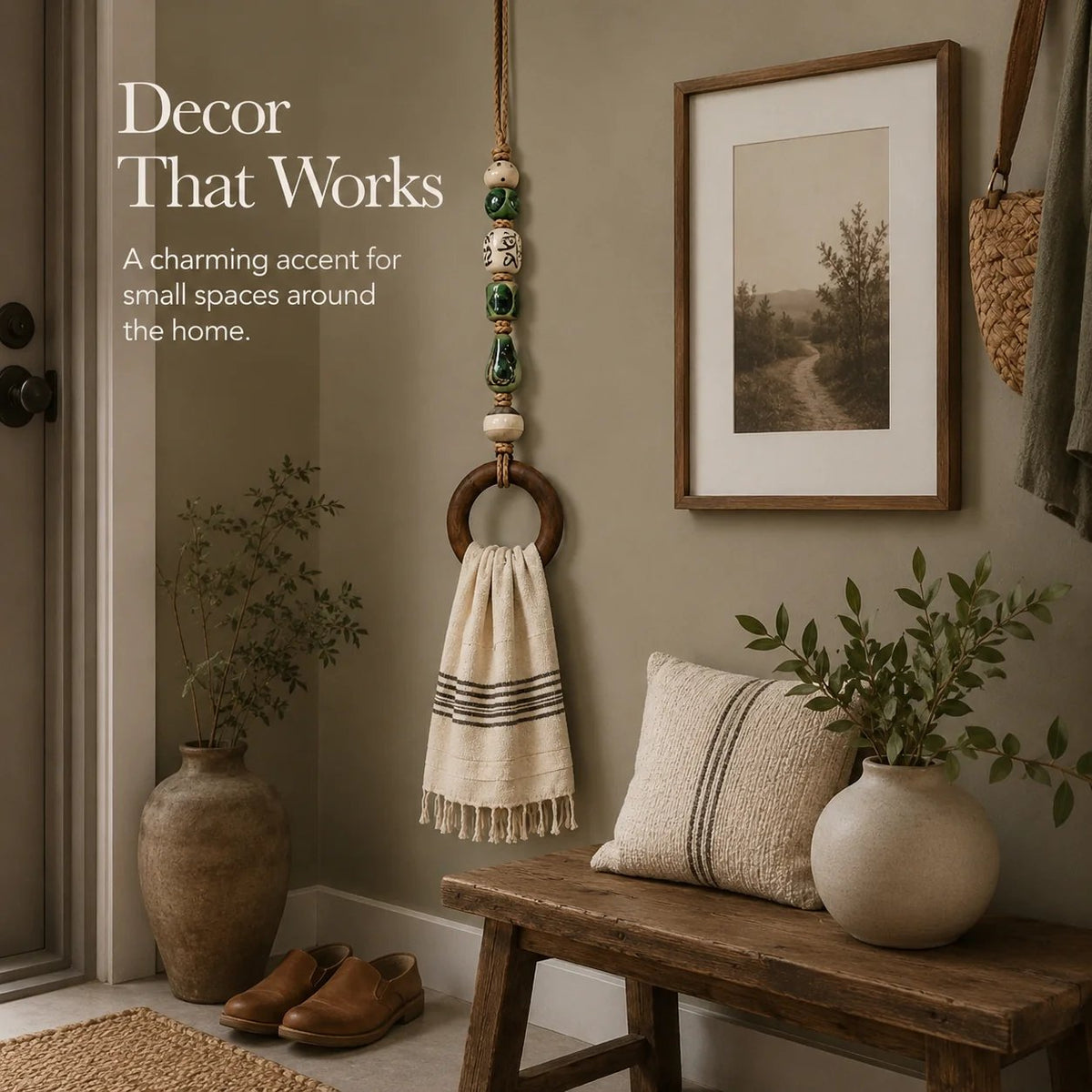 Decoratieve handdoekhanger met kralen en houten ring