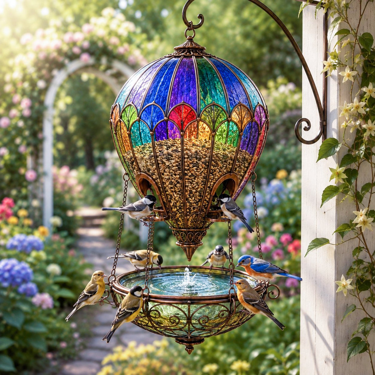 🌈 Gebrandschilderde luchtballon-vogelvoederbak met fontein🐦