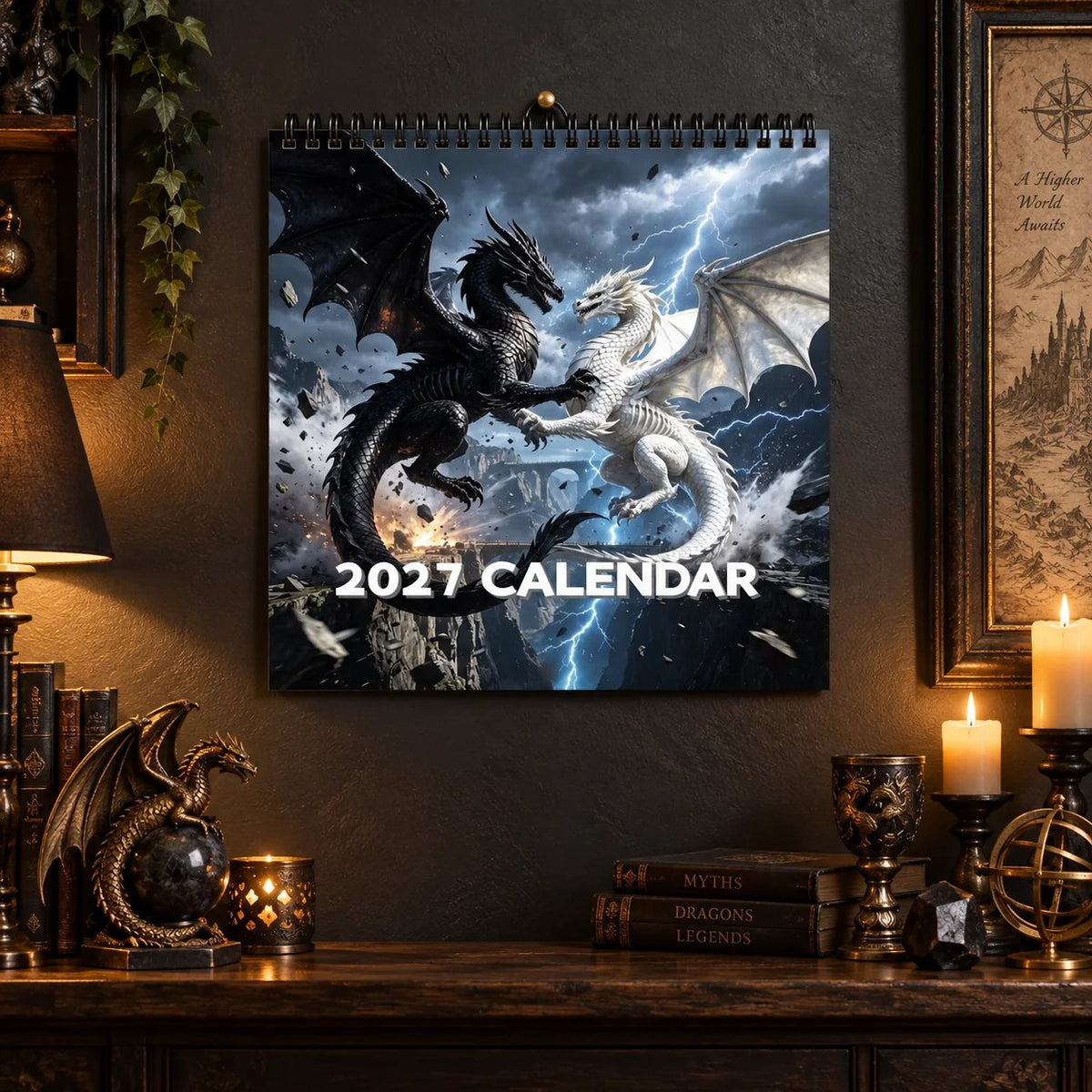 Dragons of a Higher World 2027-wandkalender – Epische fantasy-drakenkalender voor 12 maanden, mystieke en legendarische kunst, hangende planner voor drakenliefhebbers