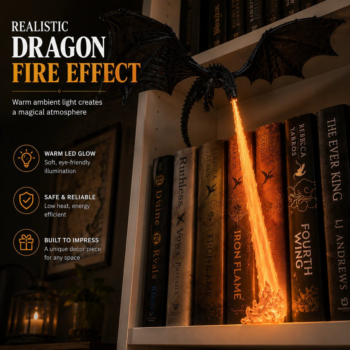 🐉 Vuurspuwende draak-boekenplankdecoratie-lamp + LED-vlamverlichtingsset