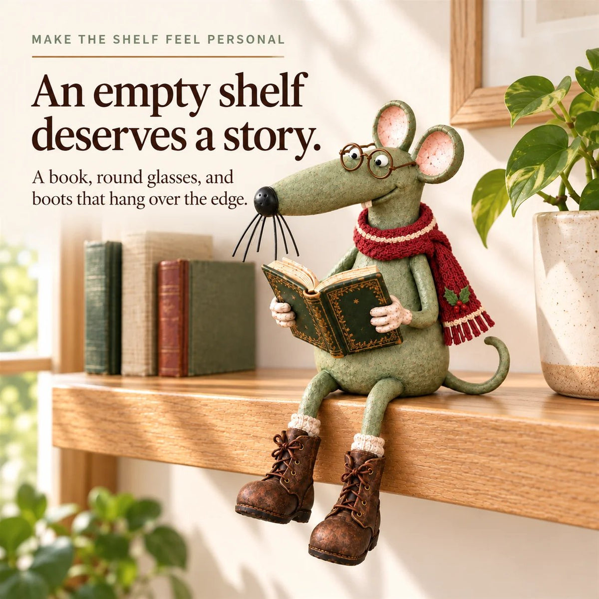 🐭📚 Speelse lezende muis als decoratie op een boekenplank – Vintage beeldje van een boekenliefhebber & gezellige woondecoratie