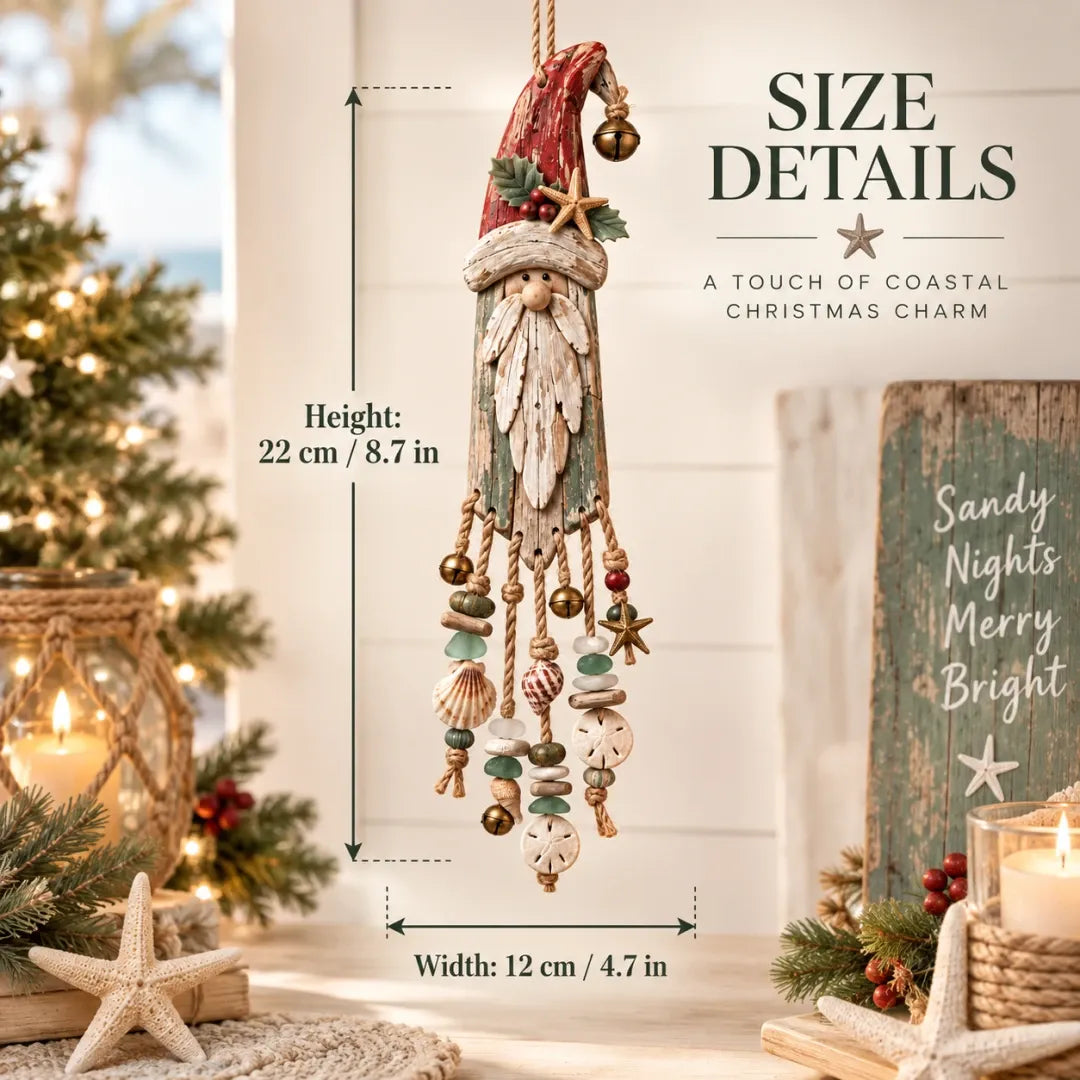 Vintage kustthema: verlichte kerstwandversiering met Kerstman – Kerstversiering voor het strandhuis met zeesterren, schelpen en een warme gloed