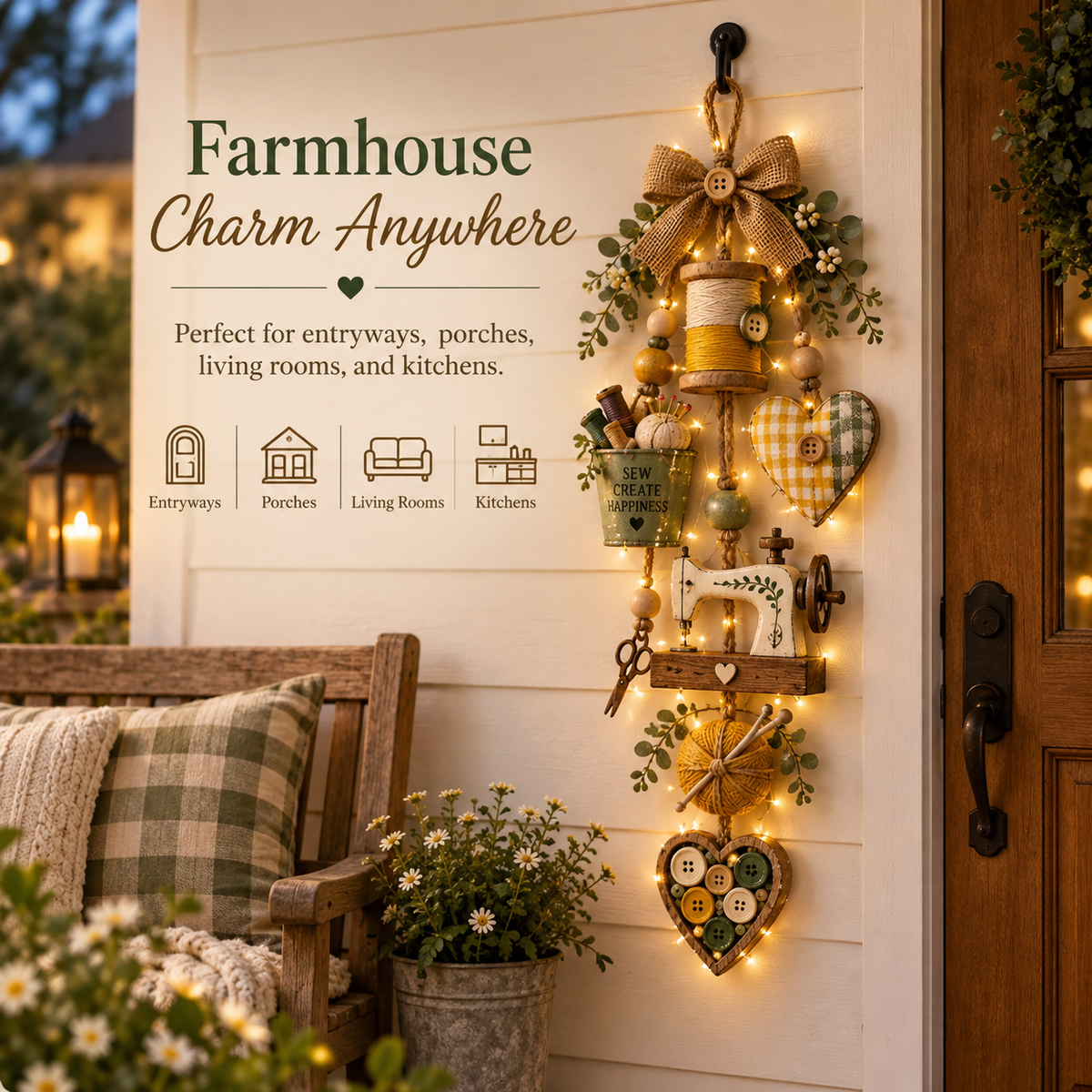 🧵✨ Rustiek houten naaiwerk – Thematisch hangend ornament met kerstverlichting met afstandsbediening