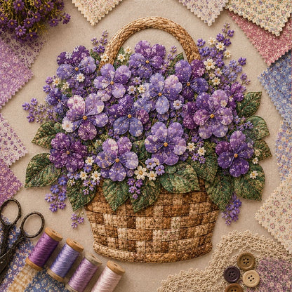 🌸🧵 Premium bloemenmand-patchwork-doe-het-zelfpakket | Hoogwaardig boeket van gelaagde stoffen met reliëfbloemblaadjes en geweven manddetails ✨
