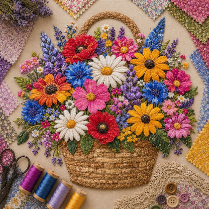 🌸🧵 Premium bloemenmand-patchwork-doe-het-zelfpakket | Hoogwaardig boeket van gelaagde stoffen met reliëfbloemblaadjes en geweven manddetails ✨