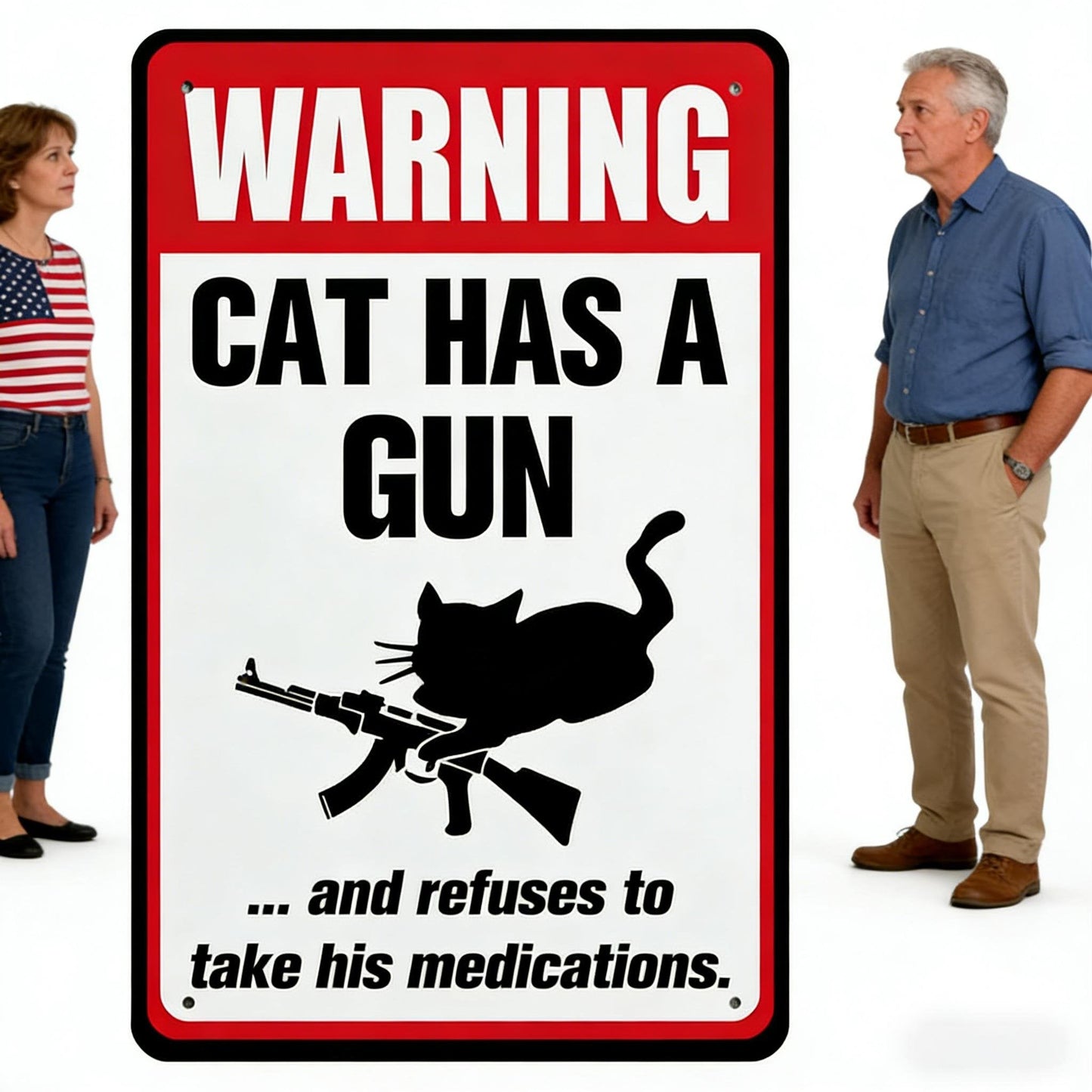Grappig aluminium bordje met de tekst “Kat & hond hebben een pistool en willen geen medicijnen”