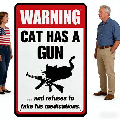 Grappig aluminium bordje met de tekst “Kat & hond hebben een pistool en willen geen medicijnen”