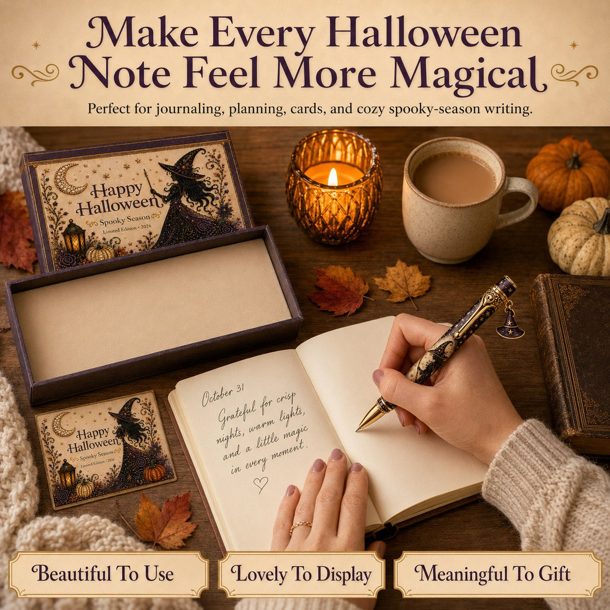🎃🔮 Griezelige Halloween-pen-cadeauset | Decoratieve pen, bijpassende herinneringskaart en bijpassende geschenkdoos in 3 limited edition-uitvoeringen ✨