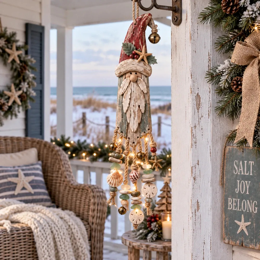 Vintage kustthema: verlichte kerstwandversiering met Kerstman – Kerstversiering voor het strandhuis met zeesterren, schelpen en een warme gloed