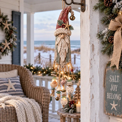 Vintage kustthema: verlichte kerstwandversiering met Kerstman – Kerstversiering voor het strandhuis met zeesterren, schelpen en een warme gloed