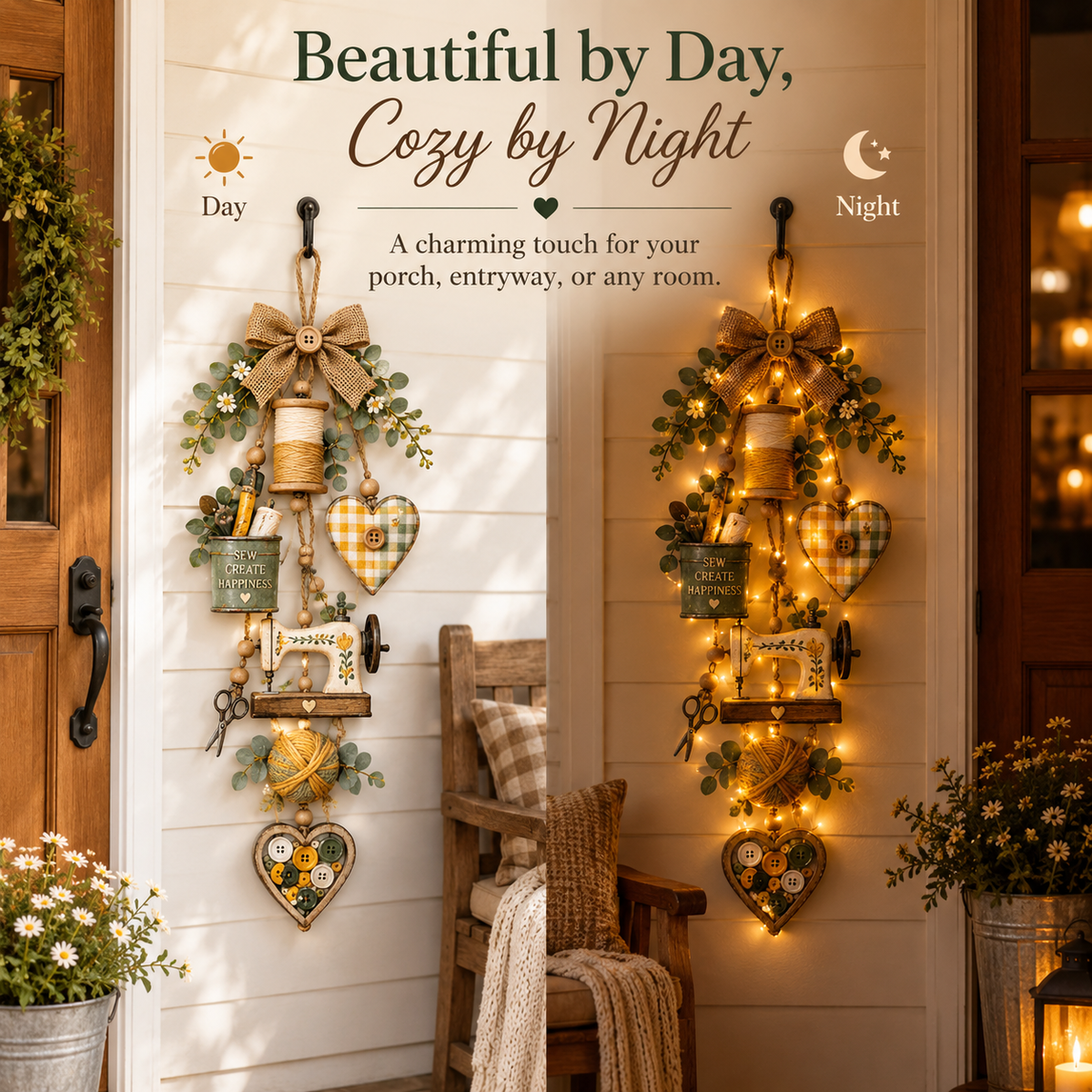 🧵✨ Rustiek houten naaiwerk – Thematisch hangend ornament met kerstverlichting met afstandsbediening