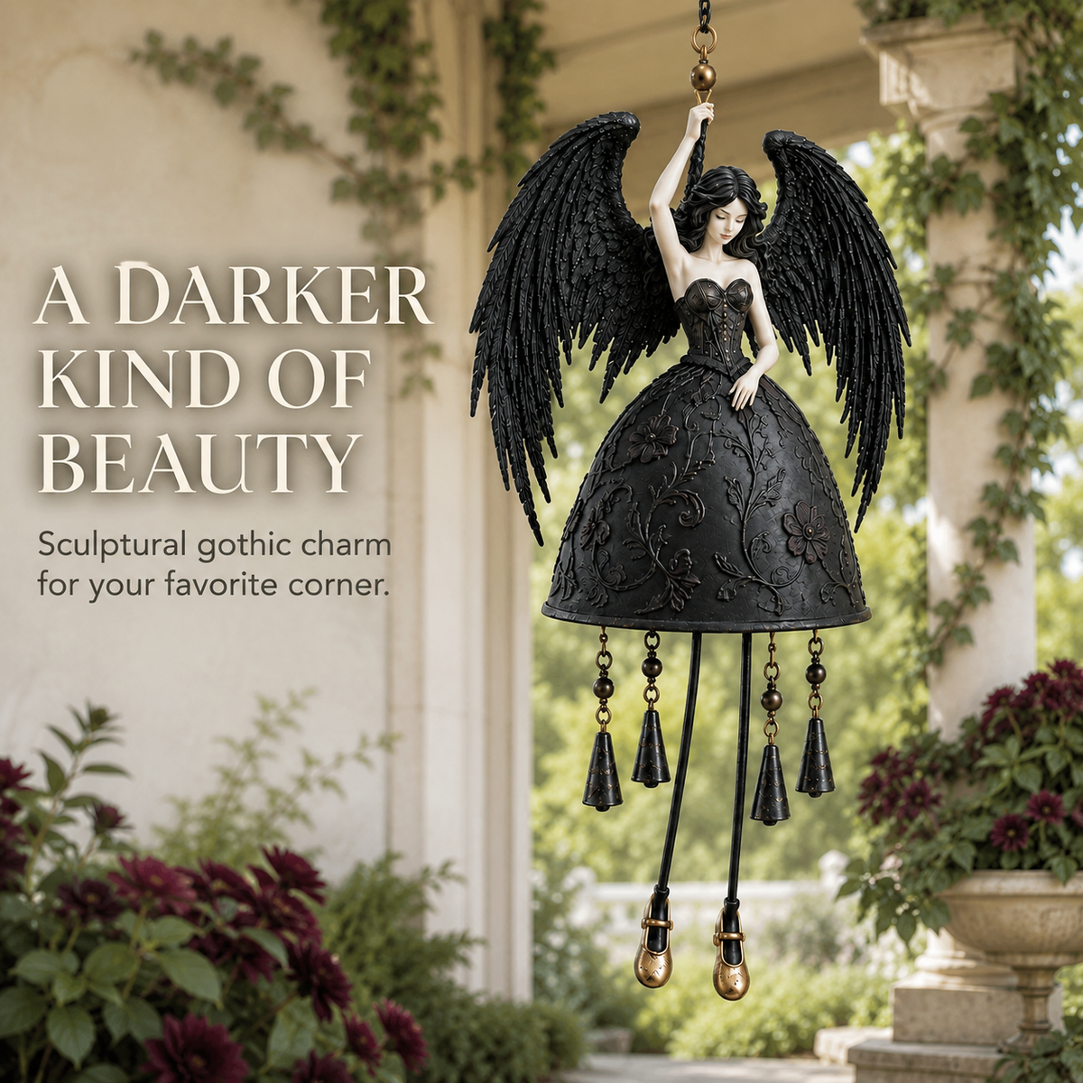 🖤 Dark Angel Gothic windgong – Betoverende hangende decoratie voor in de tuin