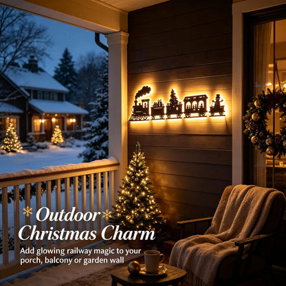 🎄 Kerstachtige houten LED-wandlamp in de vorm van een treintje ✨ Vintage wanddecoratie met silhouetten van kersttreintjes, warm verlicht kerstbord, kerstversiering voor thuis en feestjes, ook geschikt als cadeau