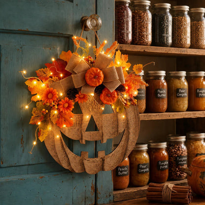 🎃✨ Verlichte pompoenkrans van jute