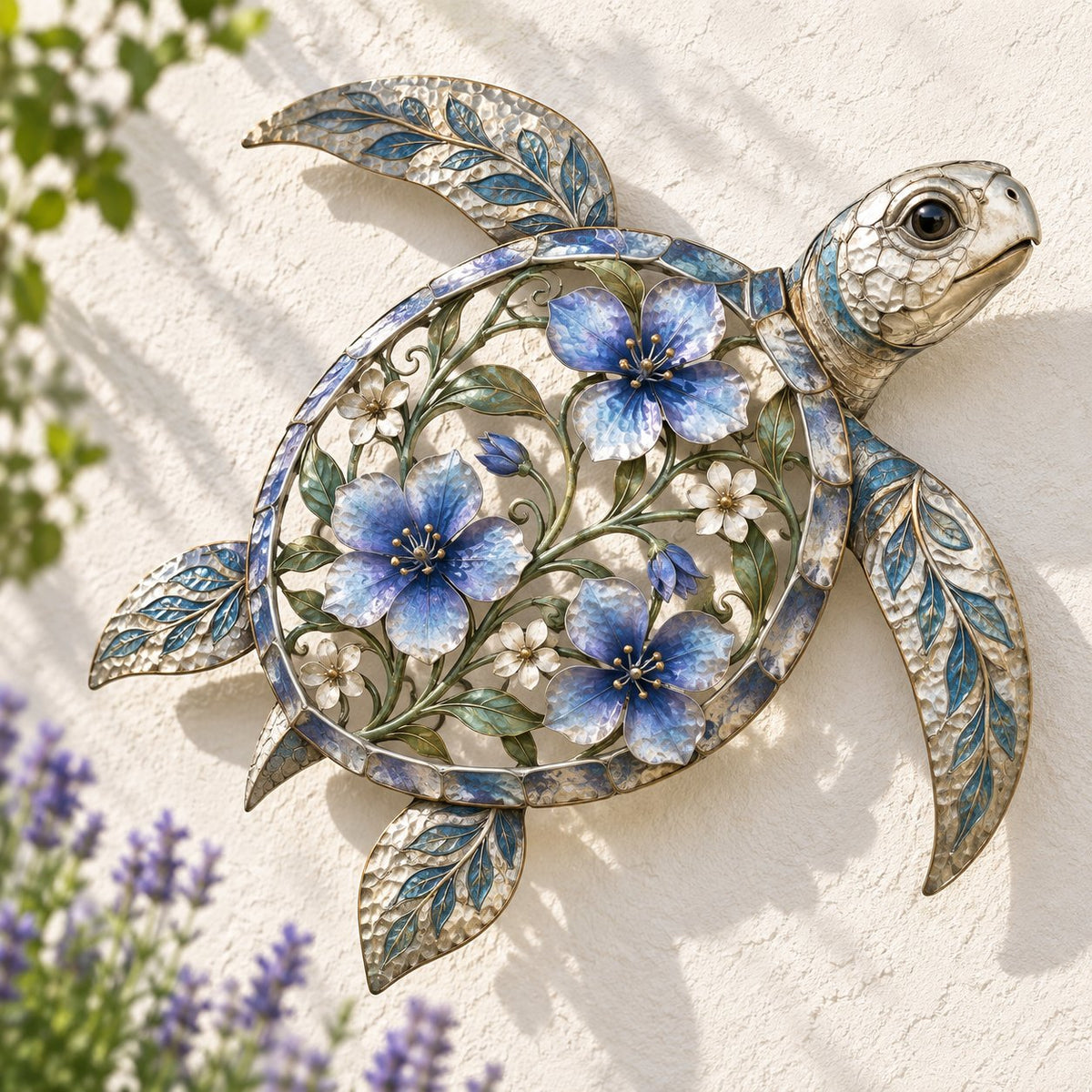 🐢 Wandbeeld van een zeeschildpad — Geëmailleerde bloemmotieven in kuststijl met metalen schubben met textuur | Oceaandecoratie voor binnen en buiten, voor de veranda, het terras en de tuin
