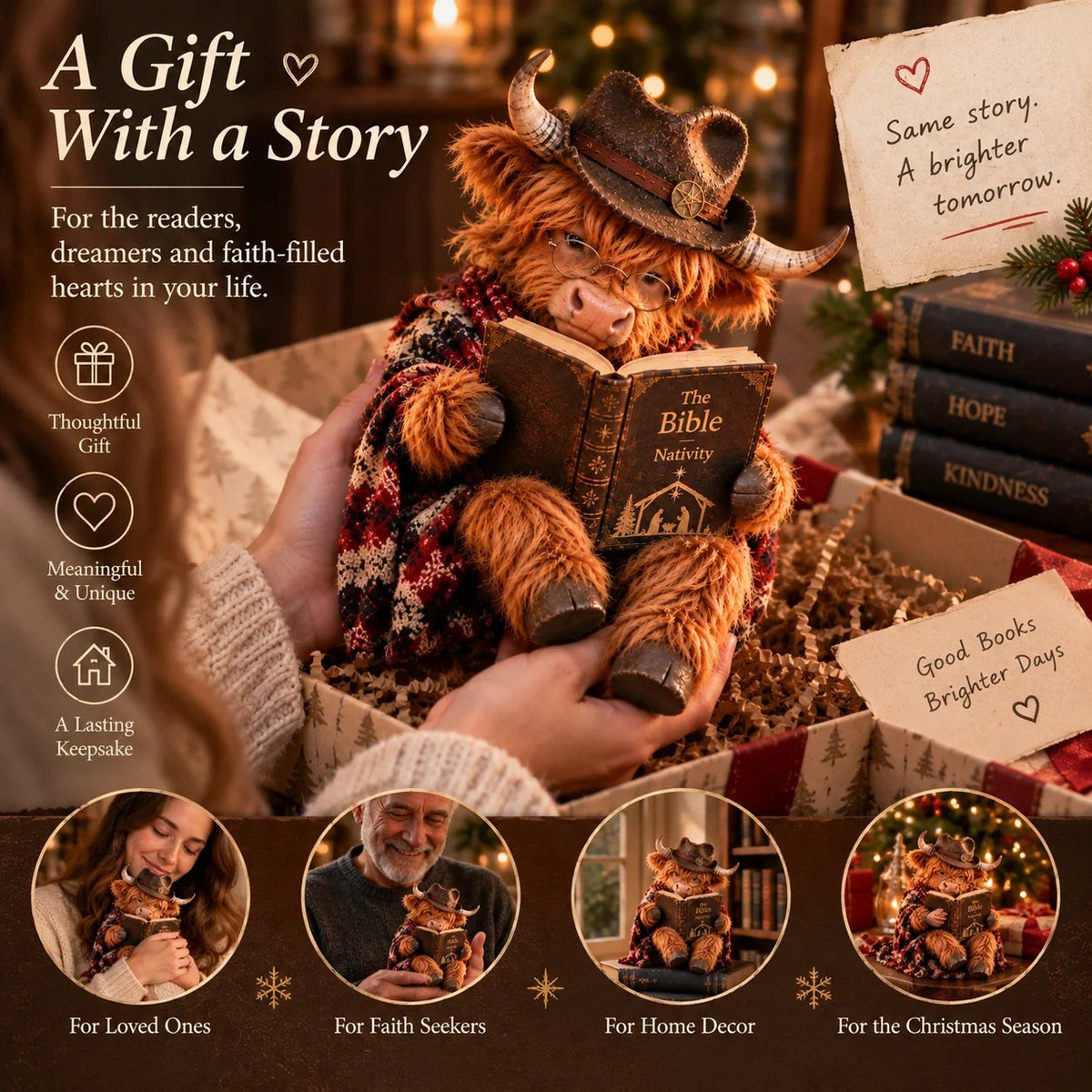 ⏳ Laatste dag: 49% KORTING – 🐮 Kerstfiguurtje van een Highland-koe – Een op het geloof geïnspireerd cadeau voor boekenliefhebbers