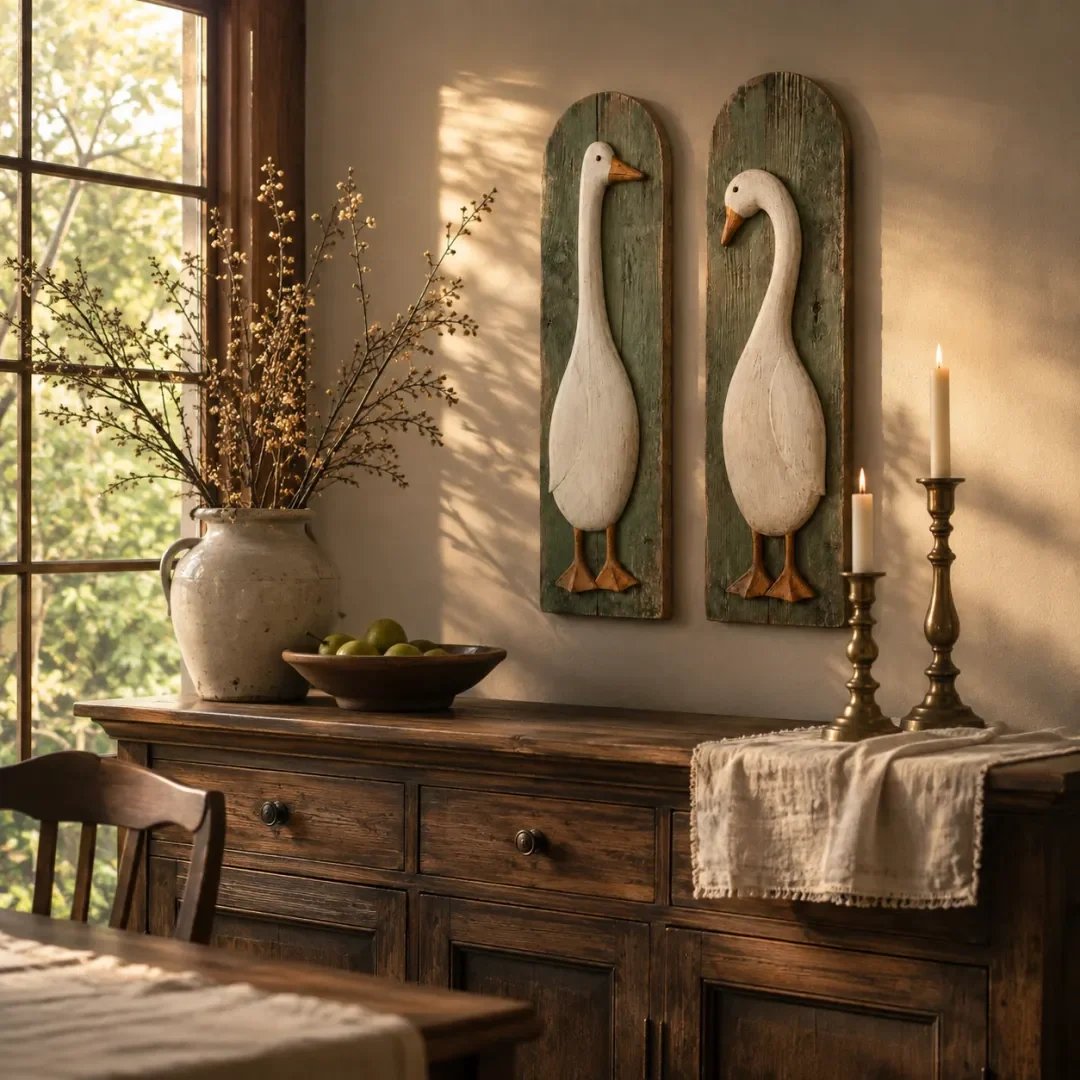 Handgemaakte rustieke wanddecoratie met ganzen, set van 2