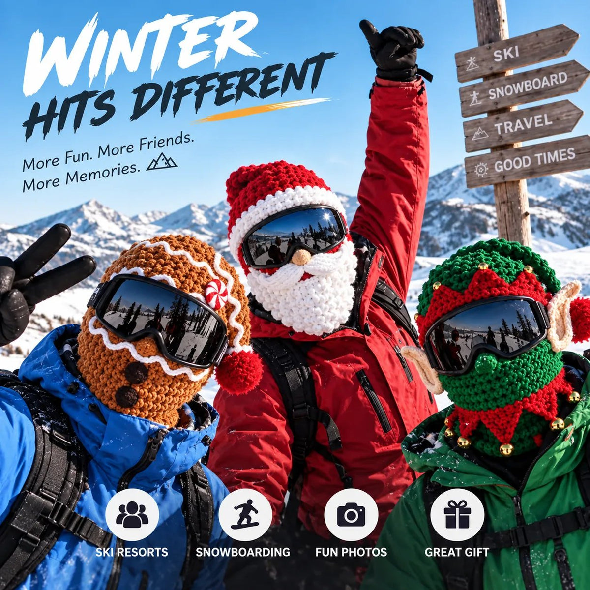 🎅🏂 3D-kerstmasker van gebreid materiaal | 🌬️Warme gezichtsmasker in 3 feestelijke stijlen voor skivakanties, feestjes en winteravonturen