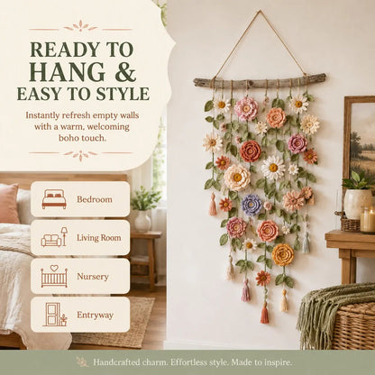 Boho-wanddecoratie met gehaakte bloemen