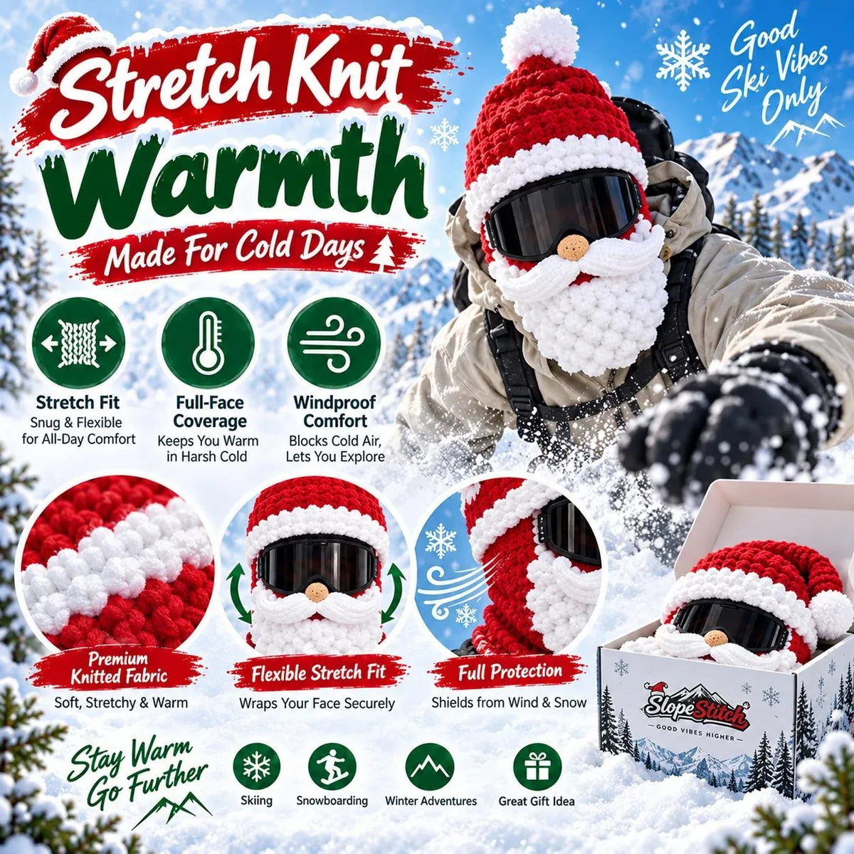 🎅🏂 3D-kerstmasker van gebreid materiaal | 🌬️Warme gezichtsmasker in 3 feestelijke stijlen voor skivakanties, feestjes en winteravonturen