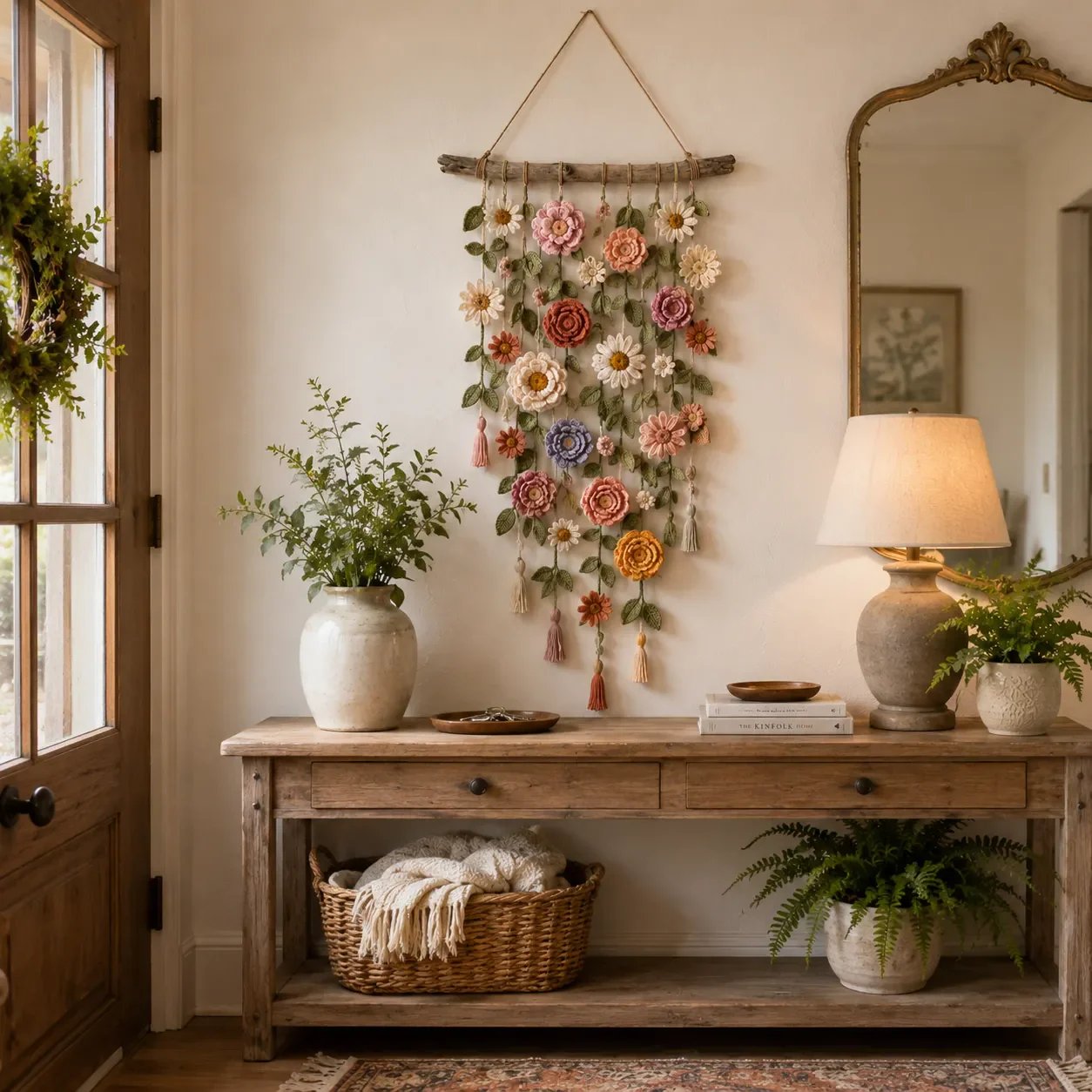 Boho-wanddecoratie met gehaakte bloemen