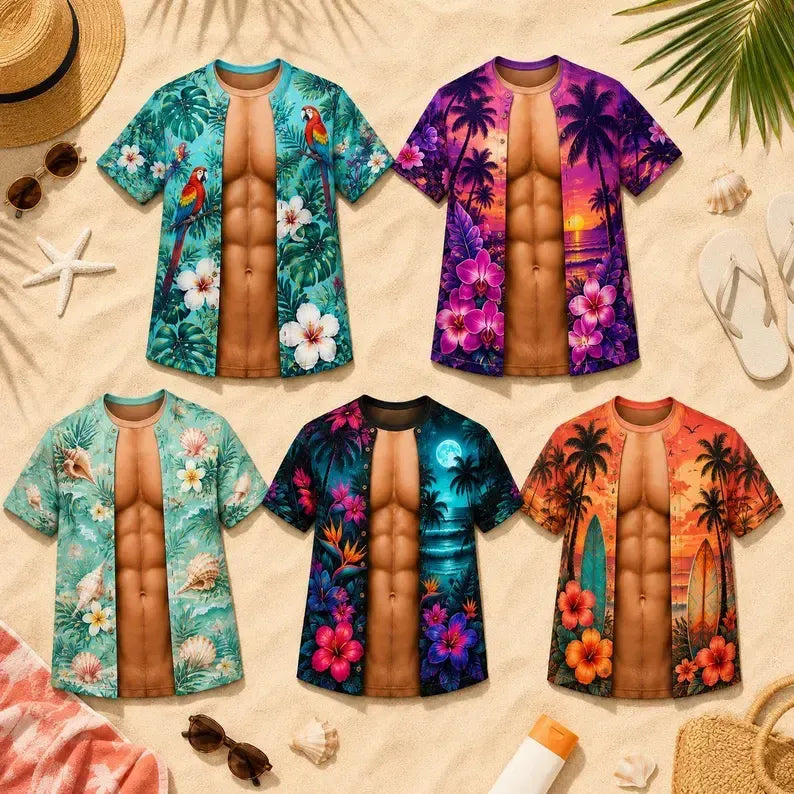 Grappig spier-T-shirt voor heren, T-shirt met Hawaiiaanse-hemd-illusie, gepersonaliseerd 3D-T-shirt met nep-open-hemd-effect💪🔥