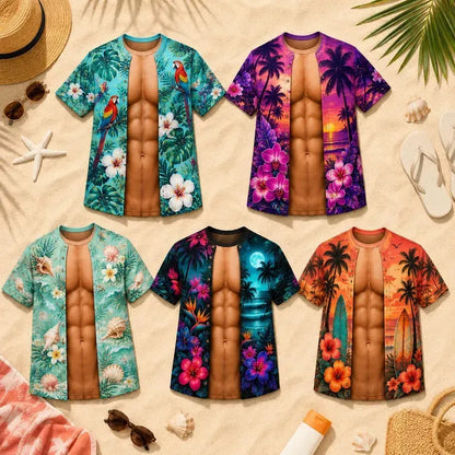 Grappig spier-T-shirt voor heren, T-shirt met Hawaiiaanse-hemd-illusie, gepersonaliseerd 3D-T-shirt met nep-open-hemd-effect💪🔥