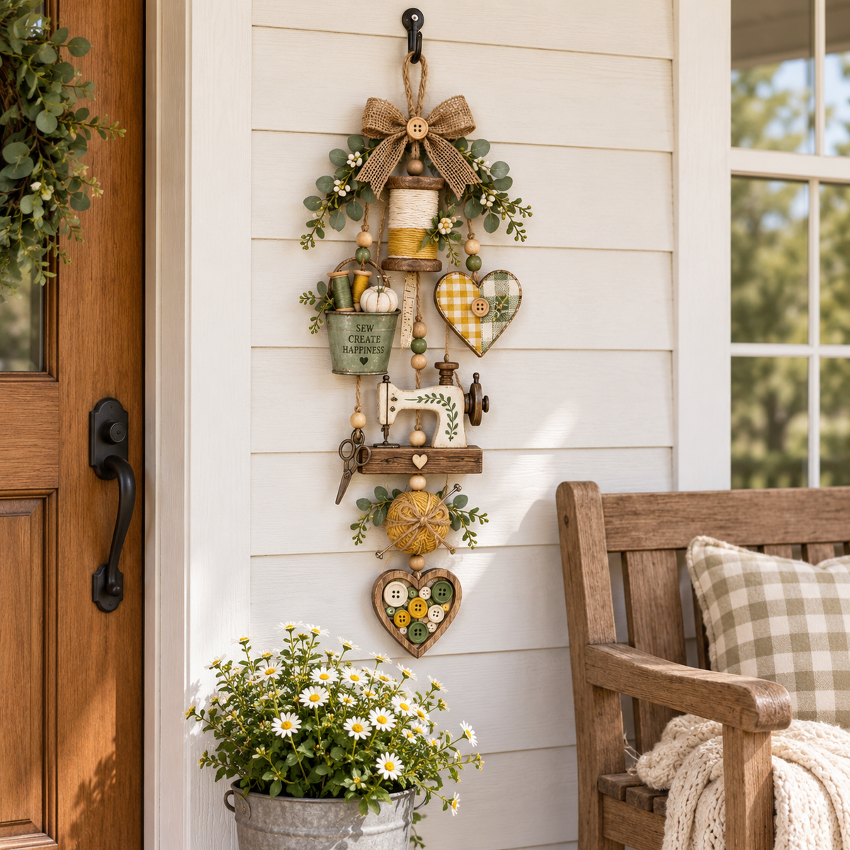 🧵✨ Rustiek houten naaiwerk – Thematisch hangend ornament met kerstverlichting met afstandsbediening