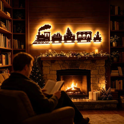 🎄 Kerstachtige houten LED-wandlamp in de vorm van een treintje ✨ Vintage wanddecoratie met silhouetten van kersttreintjes, warm verlicht kerstbord, kerstversiering voor thuis en feestjes, ook geschikt als cadeau