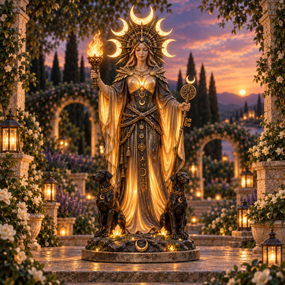 🌙🔥 Beeld van de beschermgodin Hecate | Verlichte drievoudige maangodin met twee honden, een fakkel en een sleutel