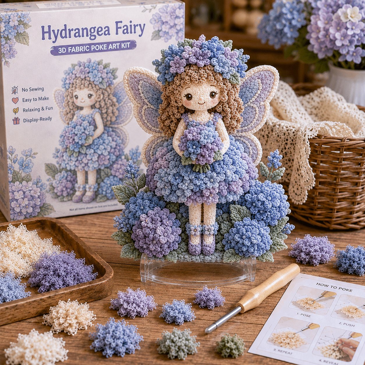 🔥HOT SALE 49% KORTING – 🌸🧚‍♀️ Flower Fairy 3D-stof-poke-art-set | Naai-vrij knutselproject van zachte stof met een reliëfbloemmotief en een kant-en-klare feeënversiering ✨