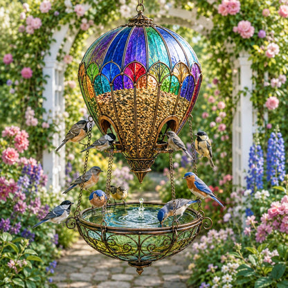🌈 Gebrandschilderde luchtballon-vogelvoederbak met fontein🐦