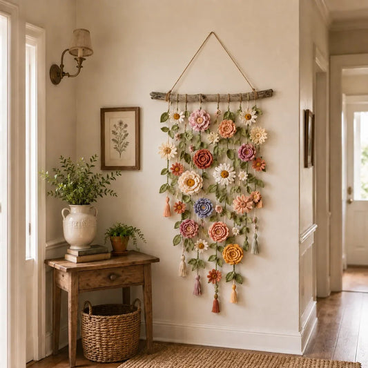 Boho-wanddecoratie met gehaakte bloemen