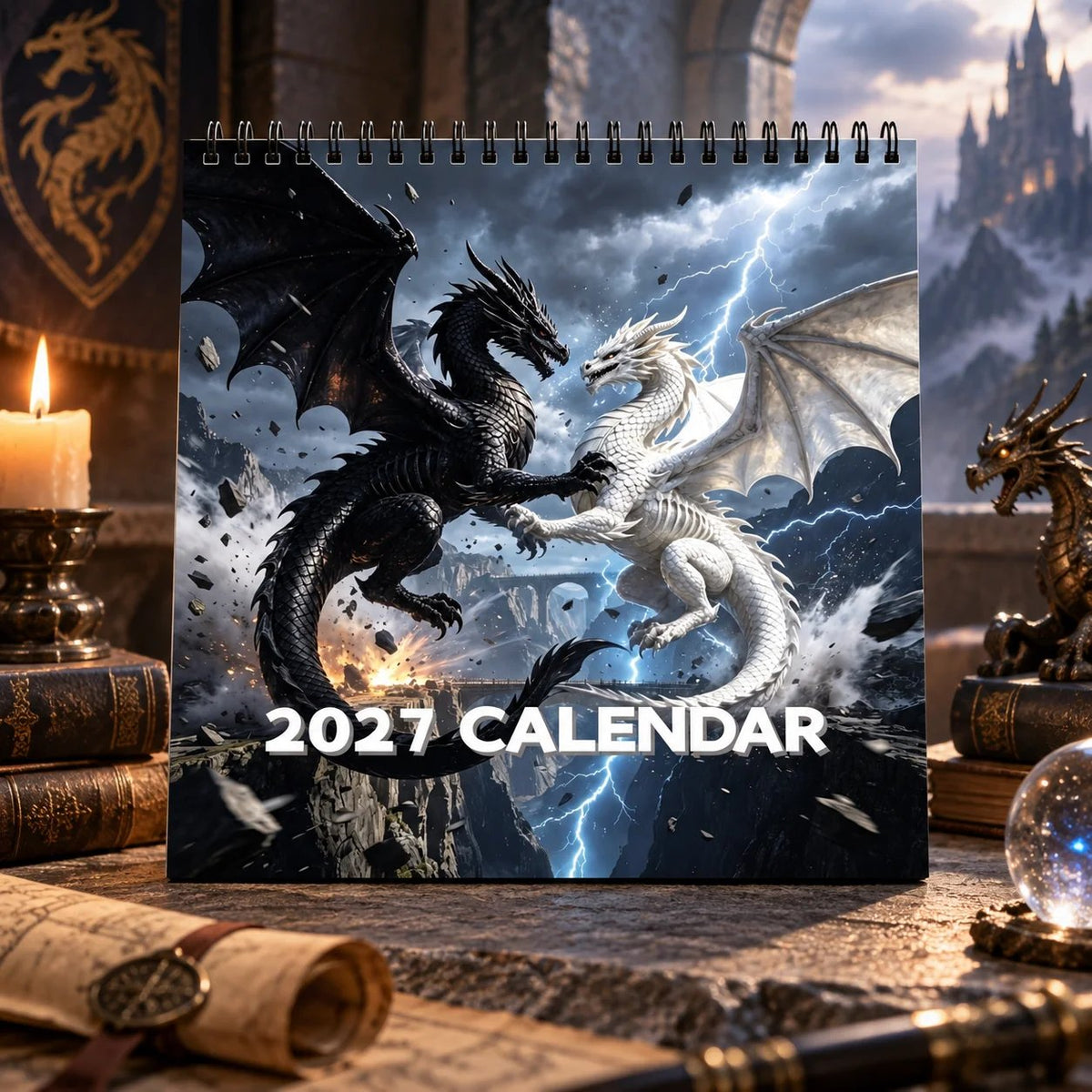 Dragons of a Higher World 2027-wandkalender – Epische fantasy-drakenkalender voor 12 maanden, mystieke en legendarische kunst, hangende planner voor drakenliefhebbers
