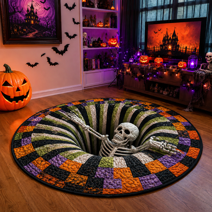 🎃3D-skelet met wervelmotief, gewatteerd, rond Halloween-vloerkleed