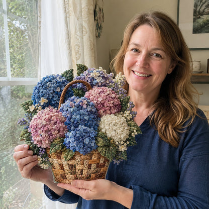 🌸🧵 Premium bloemenmand-patchwork-doe-het-zelfpakket | Hoogwaardig boeket van gelaagde stoffen met reliëfbloemblaadjes en geweven manddetails ✨