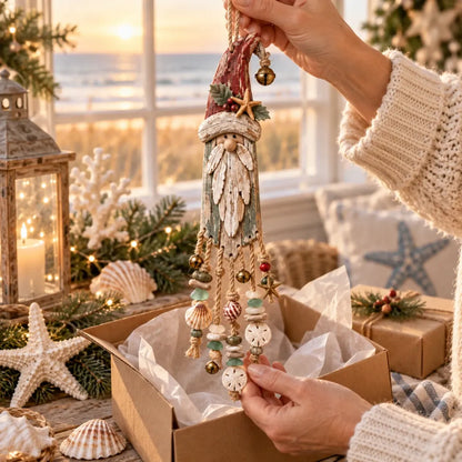 Vintage kustthema: verlichte kerstwandversiering met Kerstman – Kerstversiering voor het strandhuis met zeesterren, schelpen en een warme gloed