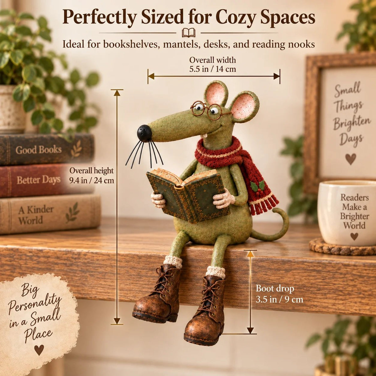 🐭📚 Speelse lezende muis als decoratie op een boekenplank – Vintage beeldje van een boekenliefhebber & gezellige woondecoratie
