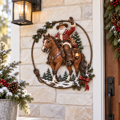🤠🐎 Cowboy Santa Ranch kerstwanddecoratie – Rustiek paard en lasso als feestelijke accent