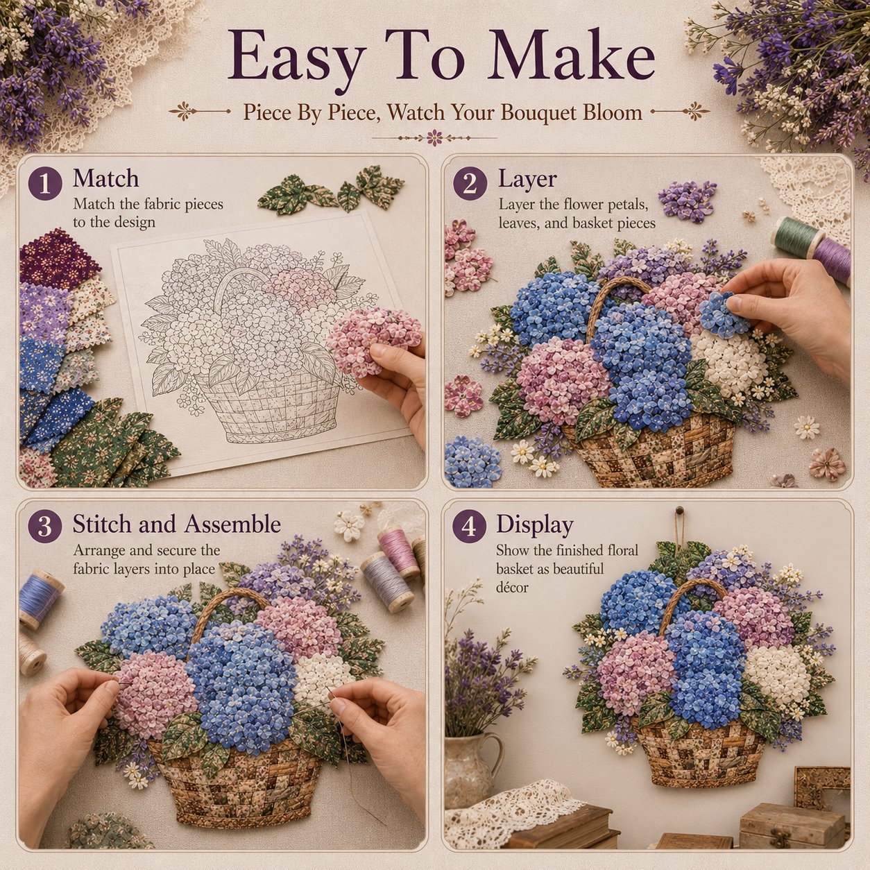 🌸🧵 Premium bloemenmand-patchwork-doe-het-zelfpakket | Hoogwaardig boeket van gelaagde stoffen met reliëfbloemblaadjes en geweven manddetails ✨