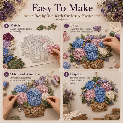🌸🧵 Premium bloemenmand-patchwork-doe-het-zelfpakket | Hoogwaardig boeket van gelaagde stoffen met reliëfbloemblaadjes en geweven manddetails ✨
