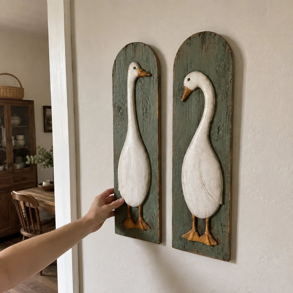 Handgemaakte rustieke wanddecoratie met ganzen, set van 2