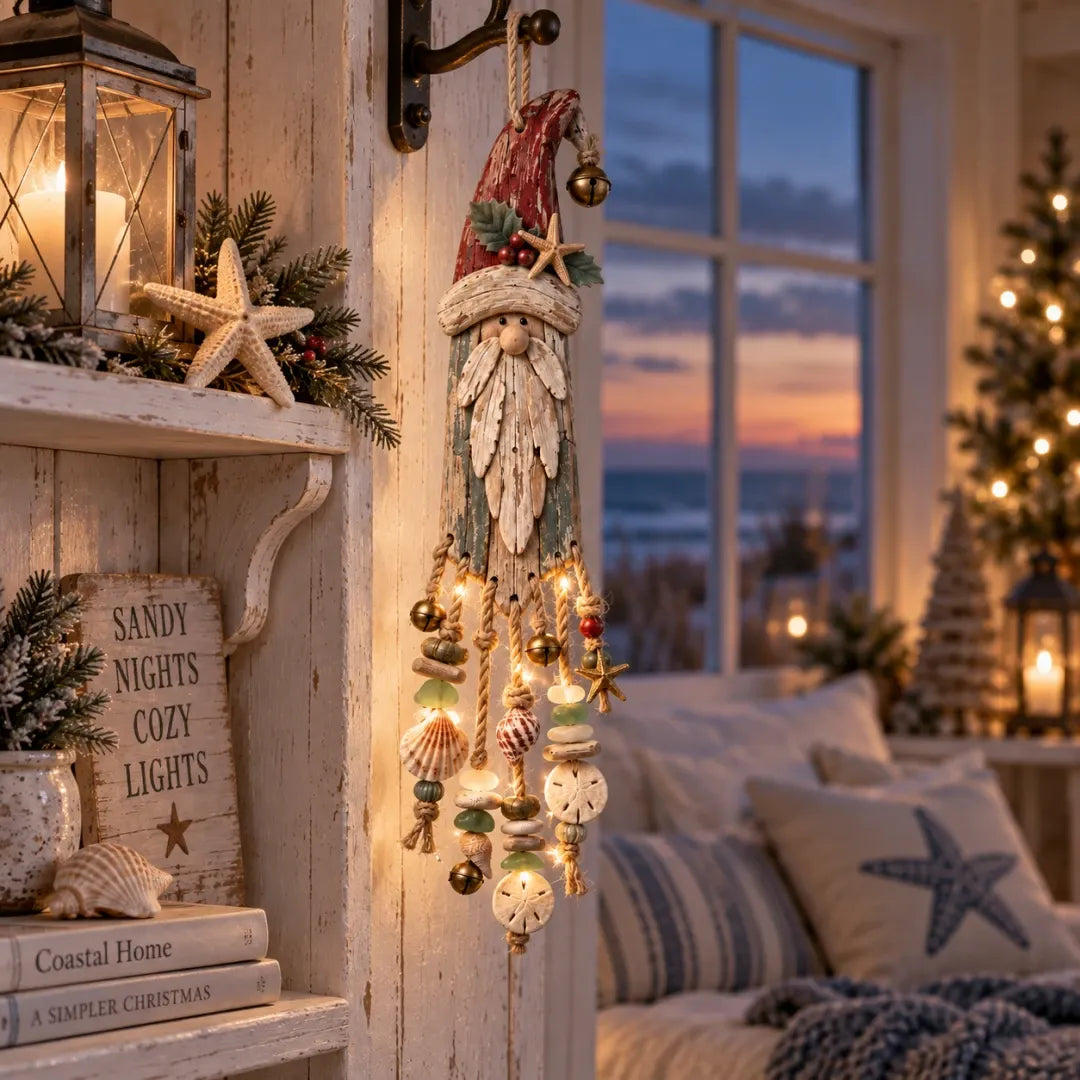 Vintage kustthema: verlichte kerstwandversiering met Kerstman – Kerstversiering voor het strandhuis met zeesterren, schelpen en een warme gloed