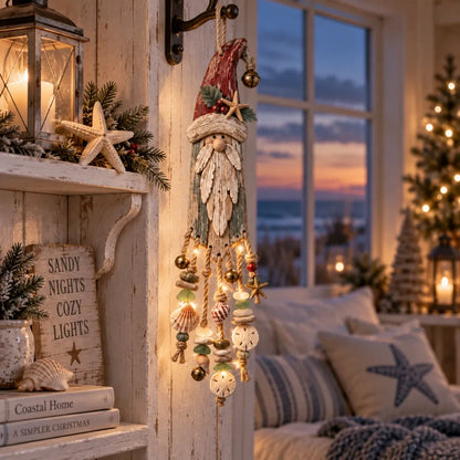 Vintage kustthema: verlichte kerstwandversiering met Kerstman – Kerstversiering voor het strandhuis met zeesterren, schelpen en een warme gloed