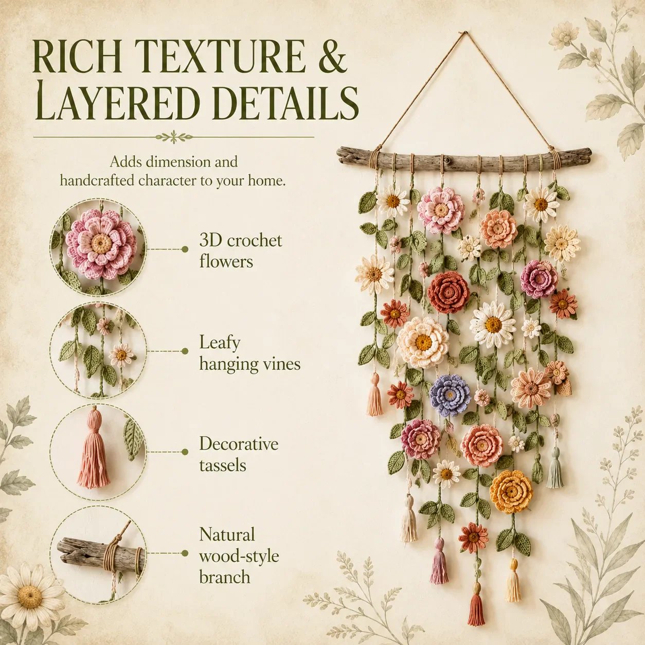 Boho-wanddecoratie met gehaakte bloemen