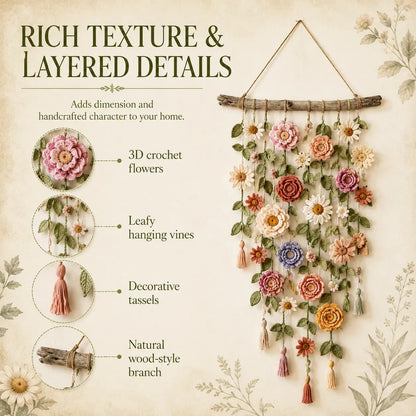 Boho-wanddecoratie met gehaakte bloemen